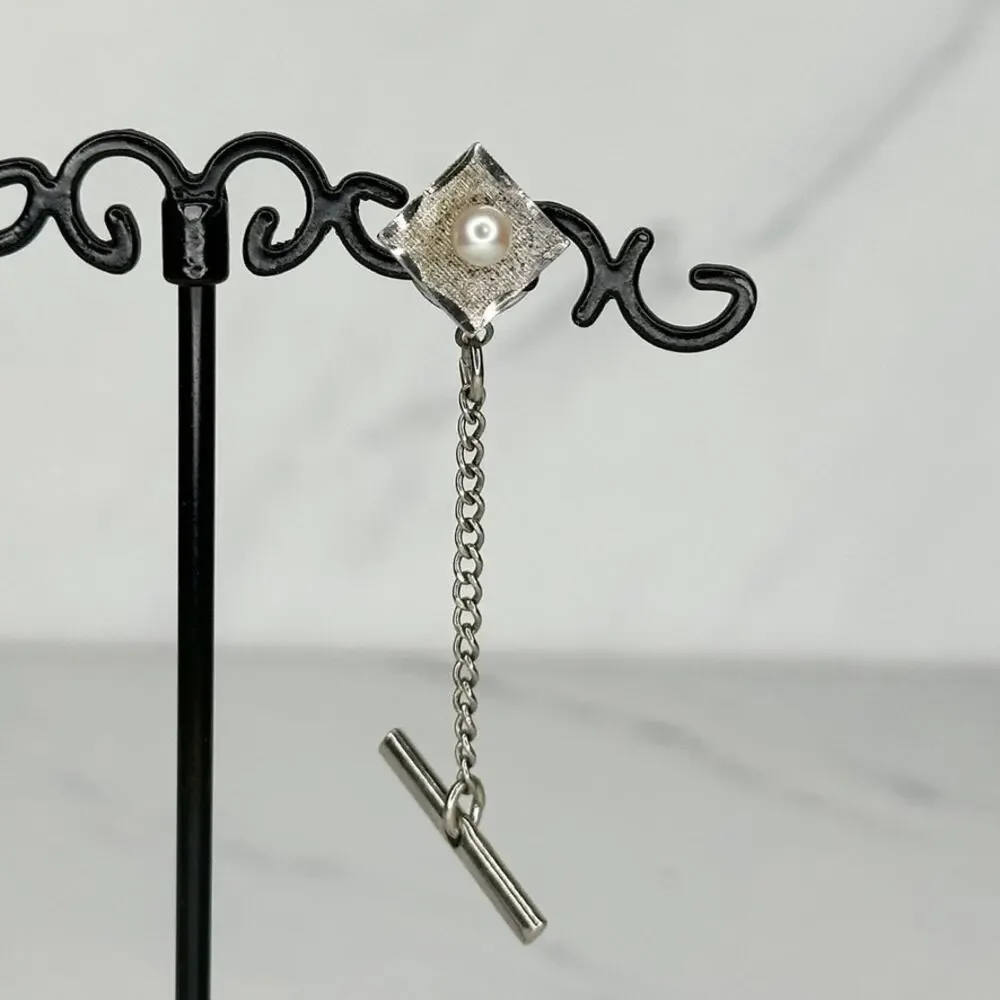 Vintage Faux Pearl Silver Tone Square Lapel Tie Tack Pin ✨